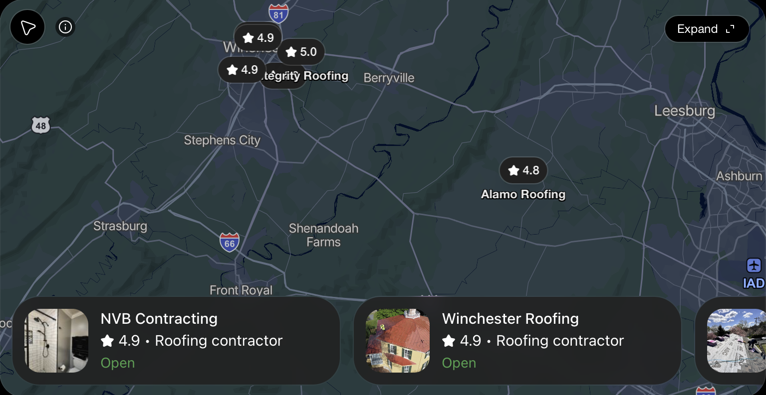 Live ChatGPT result, September 2026: "best roofers in winchester va." NVB Contracting appears first, 4.9 stars.